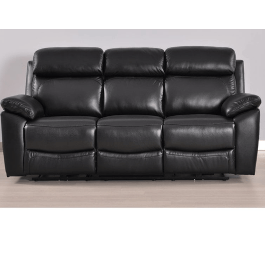 Black leather sofa on a wooden floor with a plain background