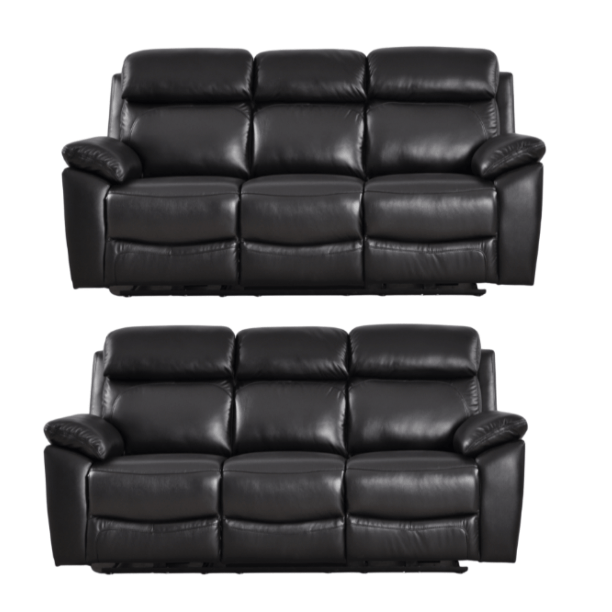 Two black leather sofas on a white background