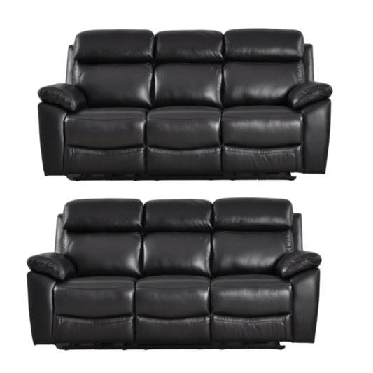 Two black leather sofas on a white background