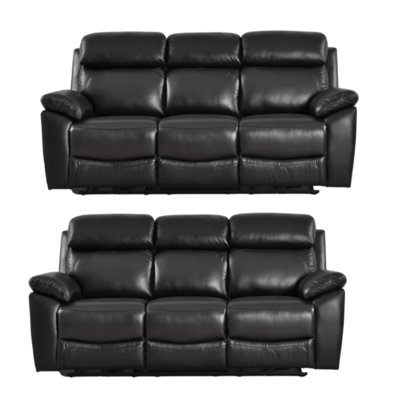 Two black leather sofas on a white background