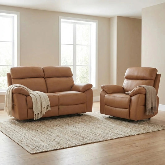 Dandrea Genuine Leather Caramel Electric Power Recliner 2+1 Seater Sofa Set - Furniture Instore