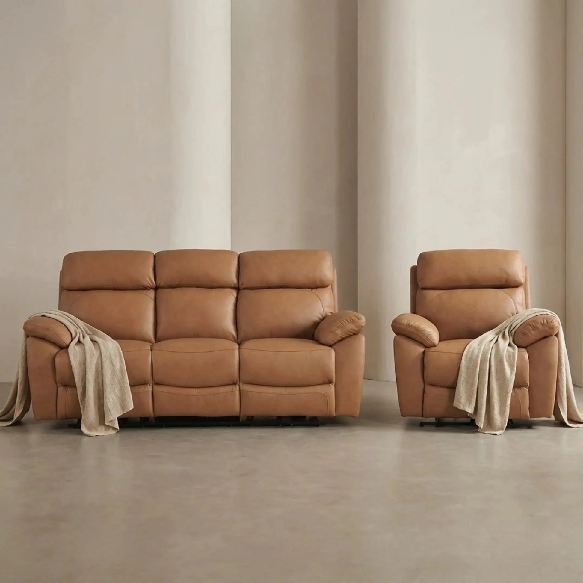 Dandrea Genuine Leather Caramel Electric Power Recliner 3+1 Seater Sofa Set - Furniture Instore