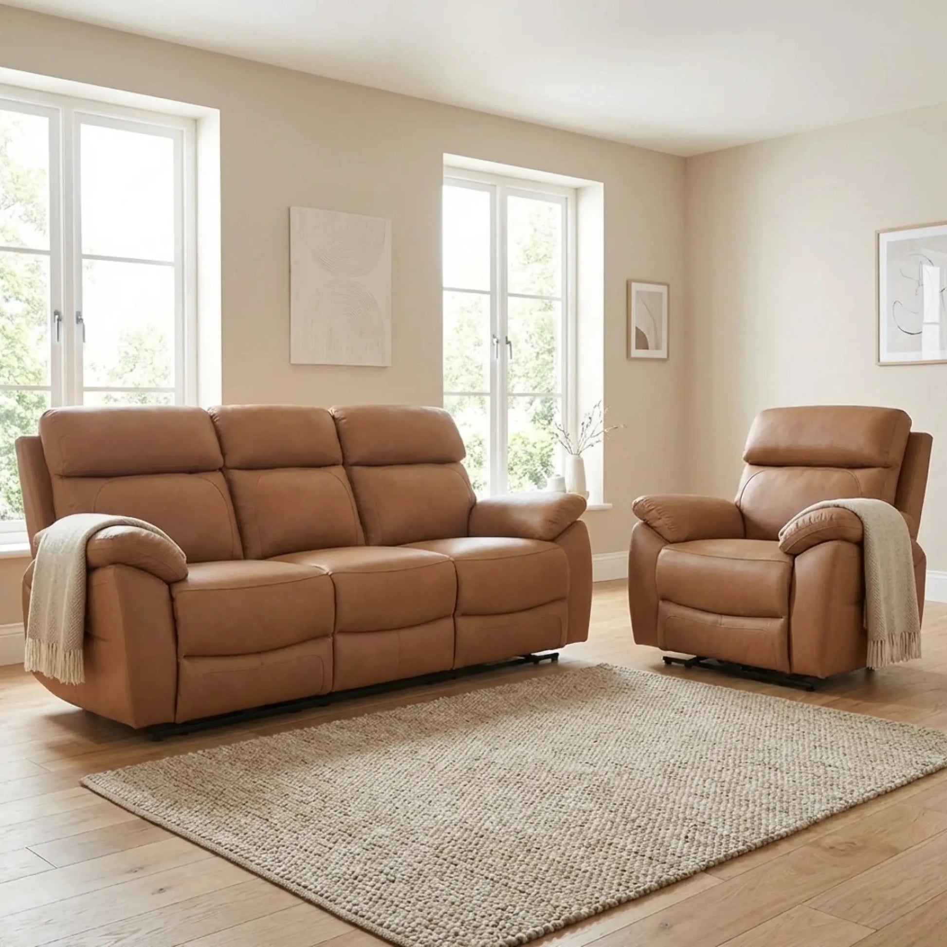 Dandrea Genuine Leather Caramel Electric Power Recliner 3+1 Seater Sofa Set - Furniture Instore