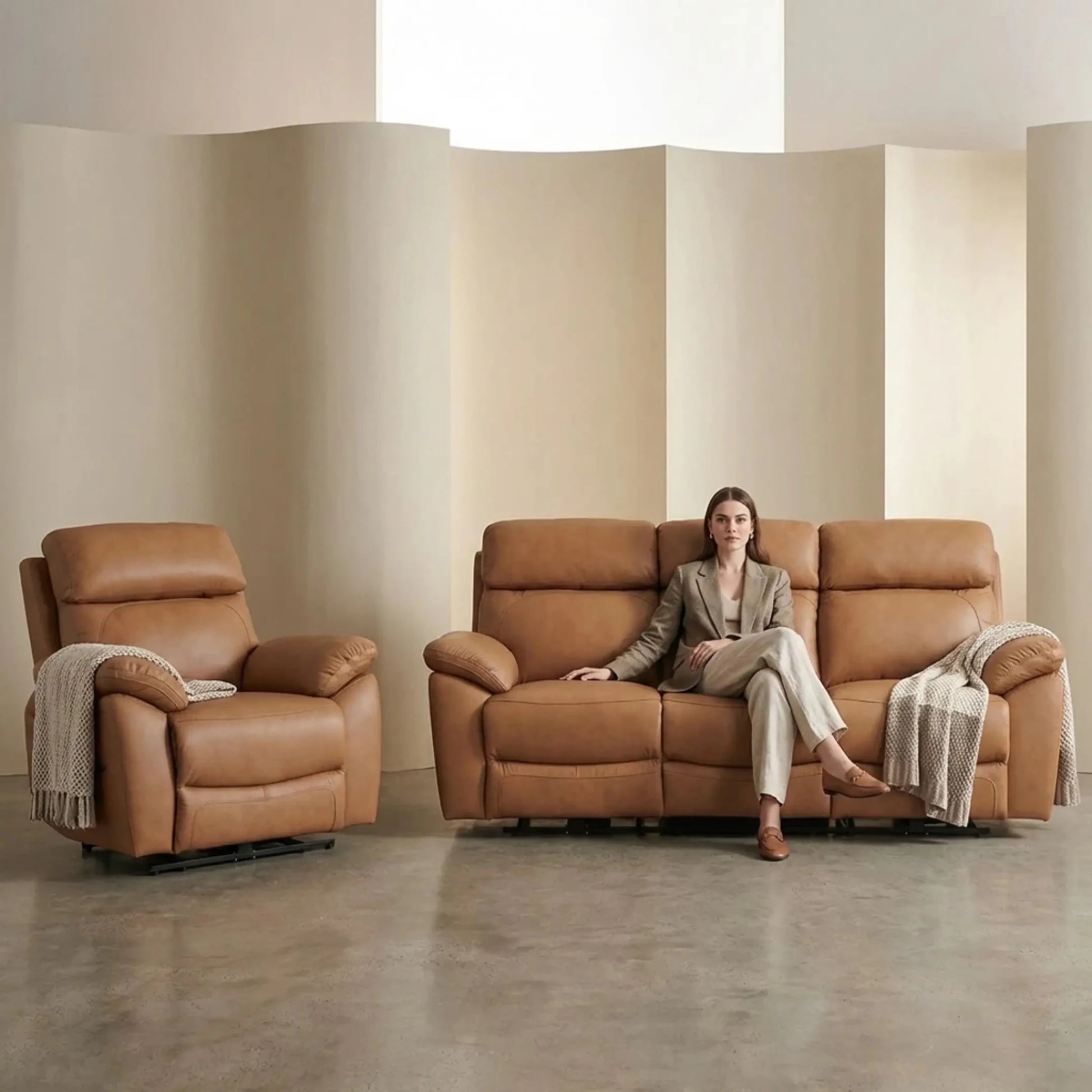 Dandrea Genuine Leather Caramel Electric Power Recliner 3+1 Seater Sofa Set - Furniture Instore