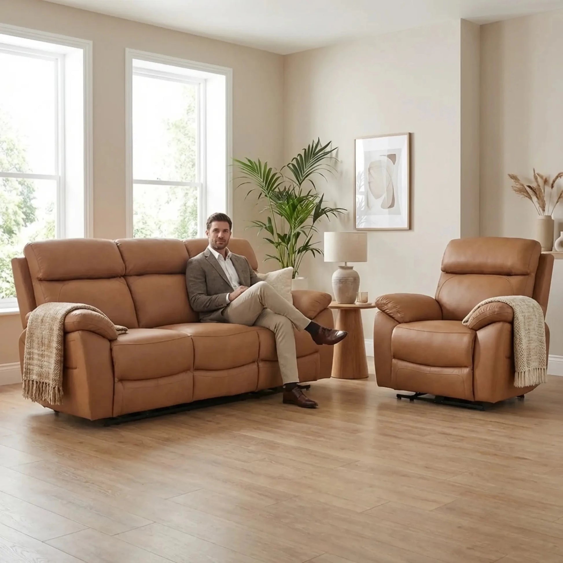 Dandrea Genuine Leather Caramel Electric Power Recliner 3+1 Seater Sofa Set - Furniture Instore