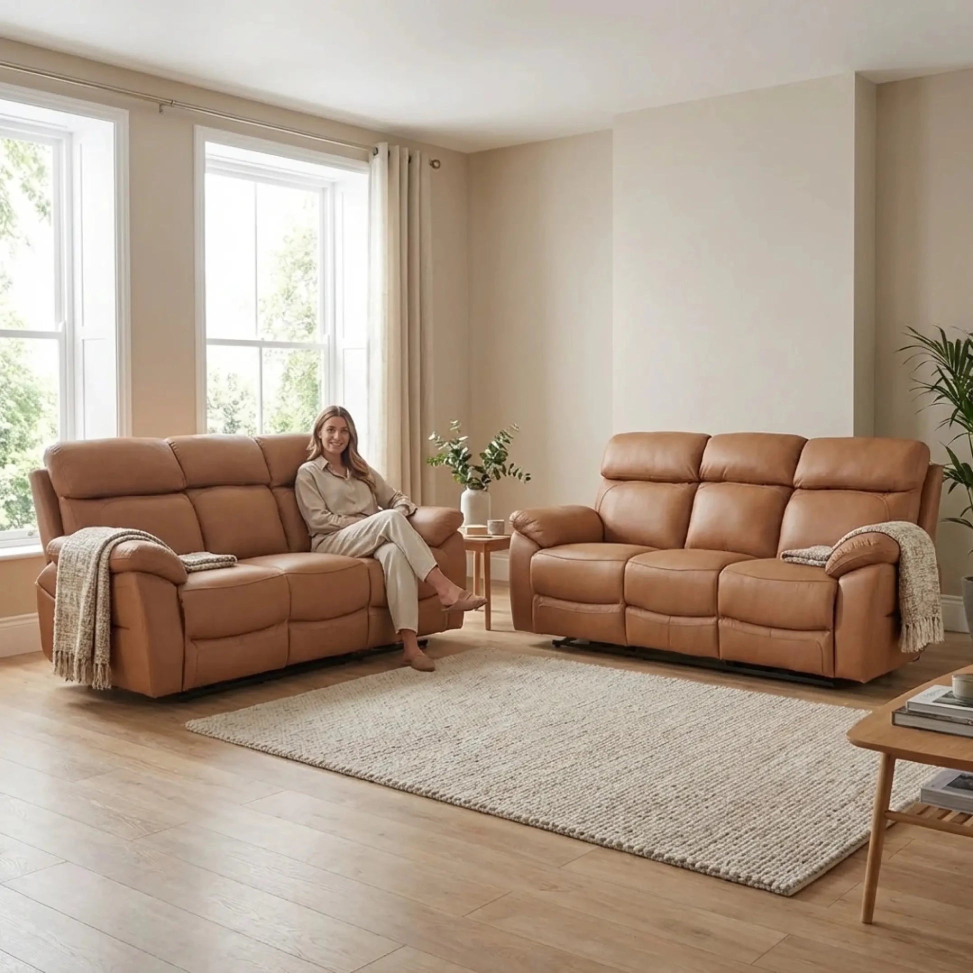 Dandrea Genuine Leather Caramel Electric Power Recliner 3+3 Seater Sofa Set - Furniture Instore