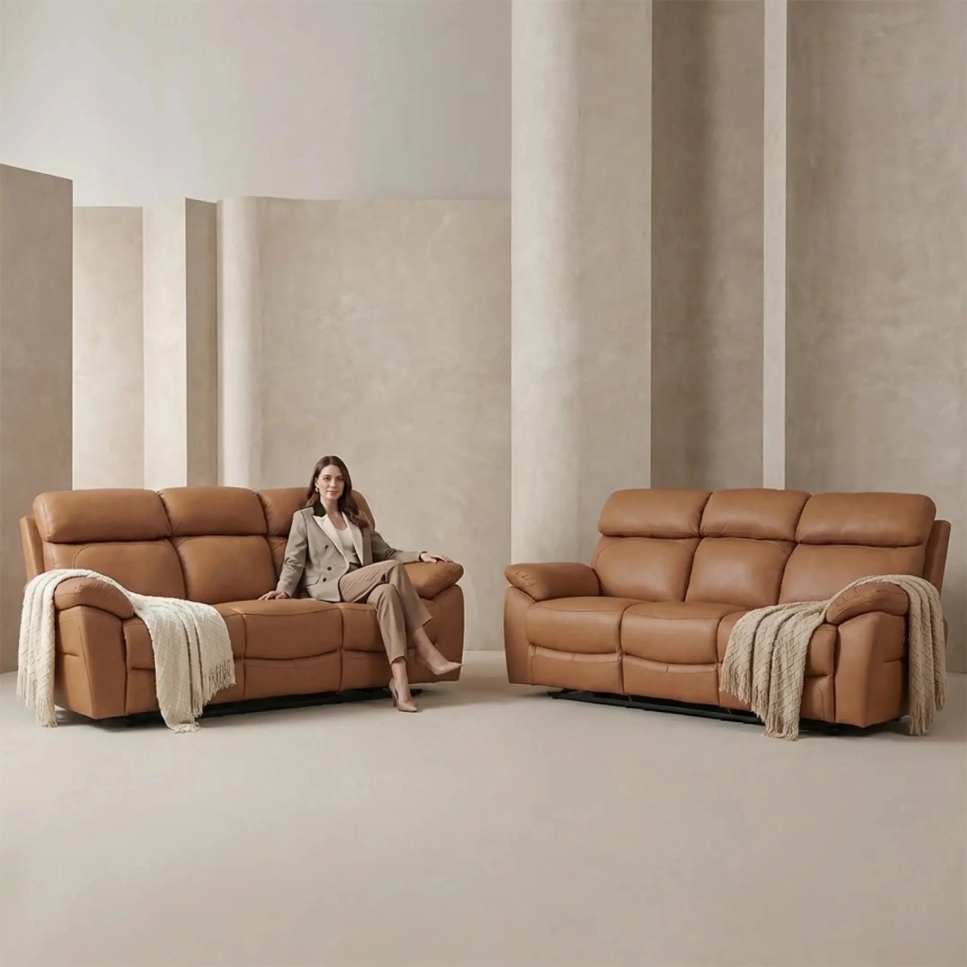 Dandrea Genuine Leather Caramel Electric Power Recliner 3+3 Seater Sofa Set - Furniture Instore