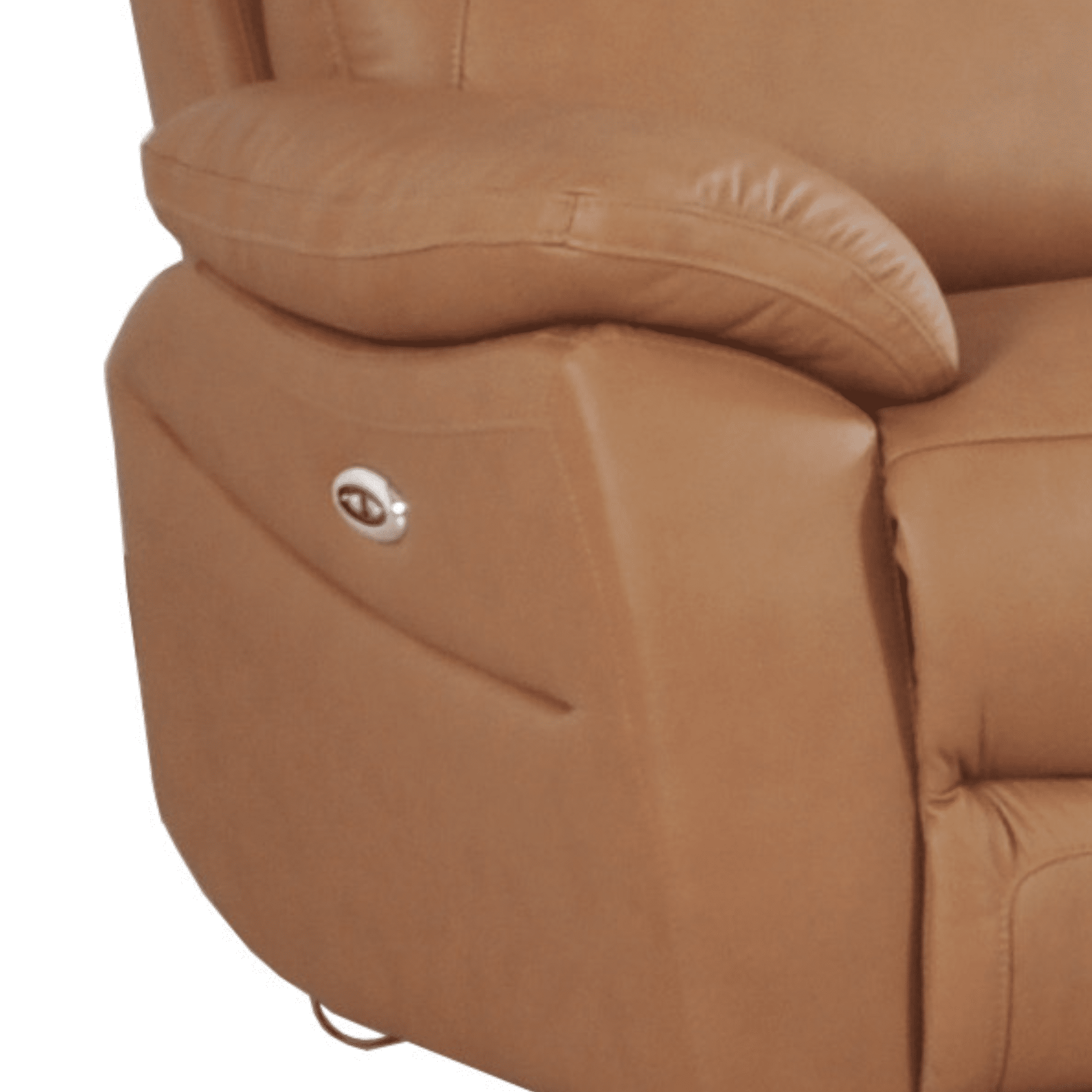 Brown leather recliner chair with a control panel on a white background