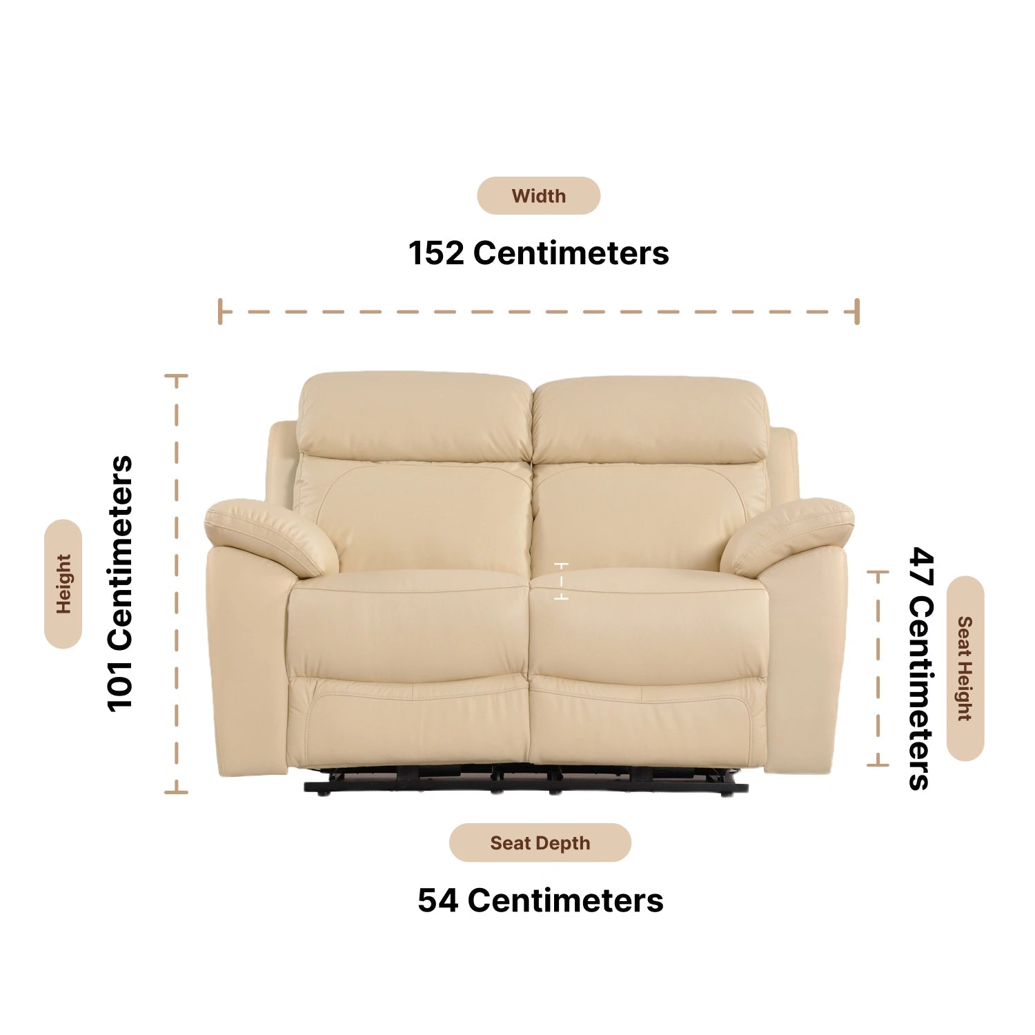 Dandrea Genuine Leather Cream Electric Power Recliner 2 Seater Sofa Dimensions