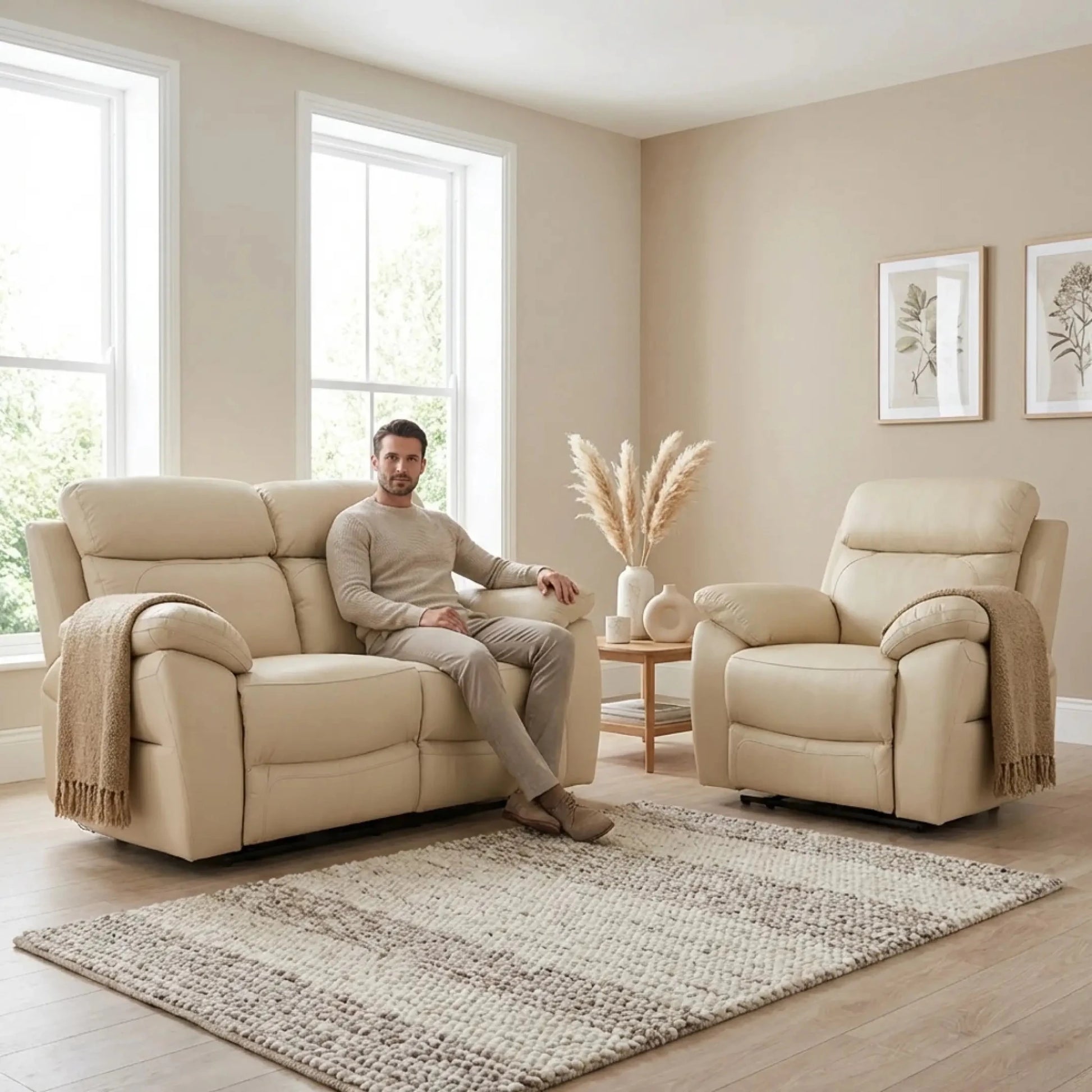 Dandrea Genuine Leather Cream Electric Power Recliner 2+1 Seater Sofa Set - Furniture Instore
