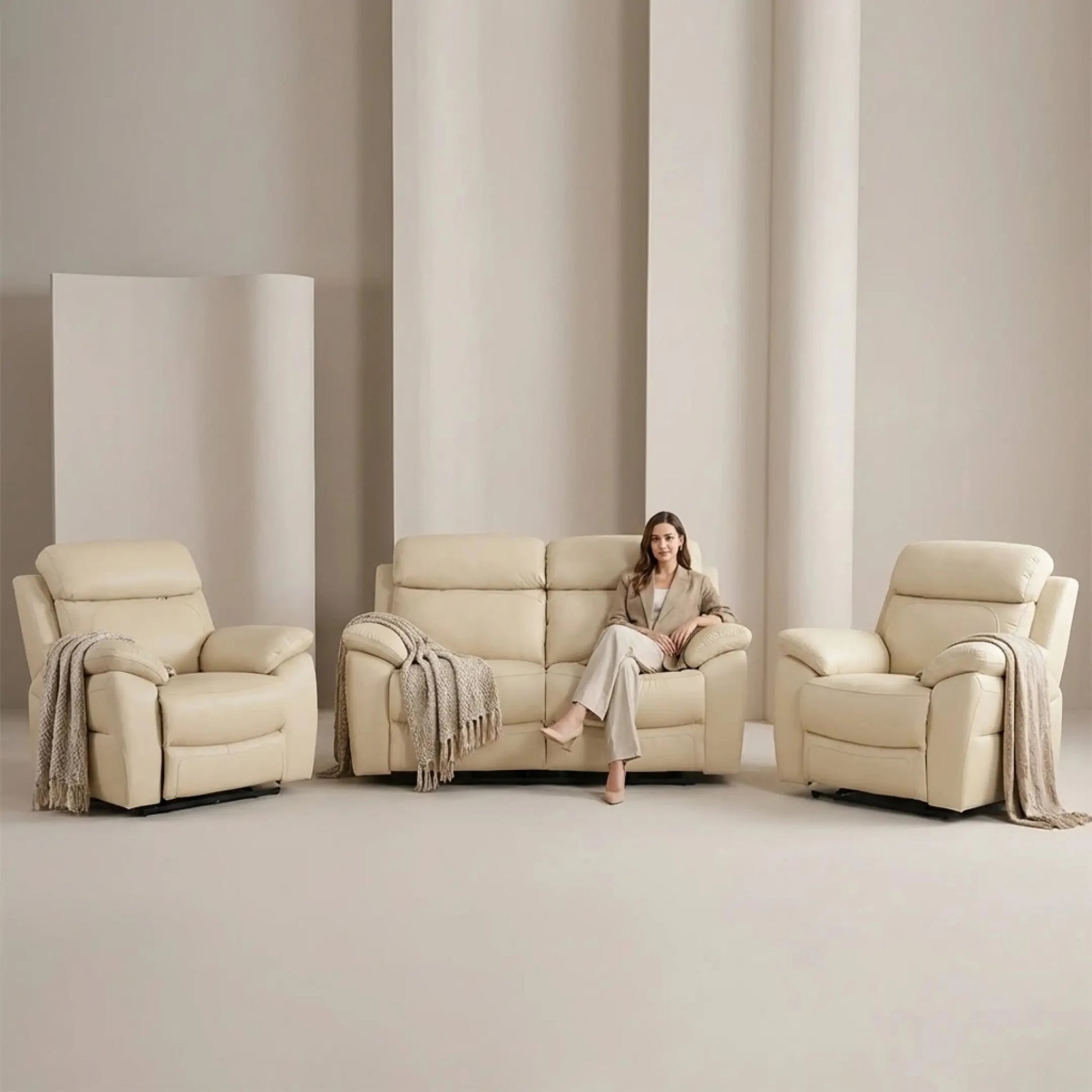 Dandrea Genuine Leather Cream Electric Power Recliner 2+1+1 Seater Sofa Set - Furniture Instore