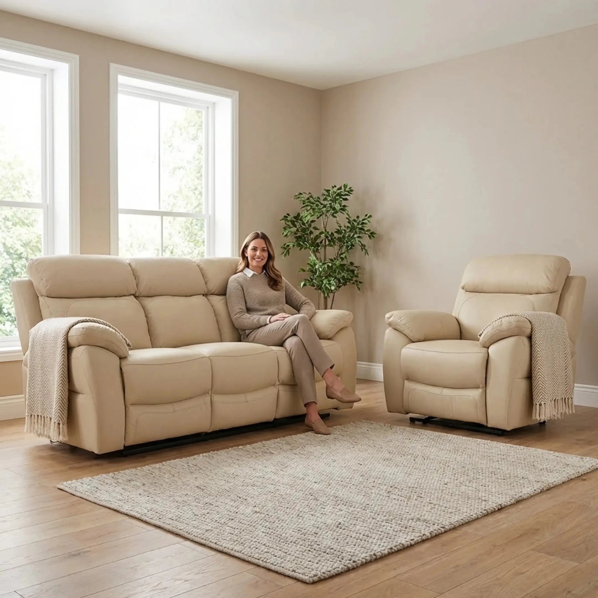 Dandrea Genuine Leather Cream Electric Power Recliner 3+1 Seater Sofa Set - Furniture Instore