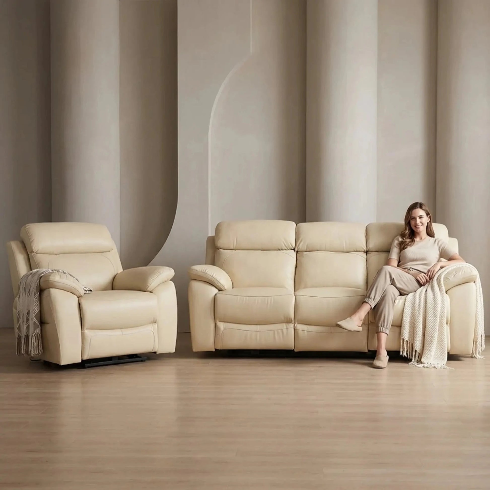 Dandrea Genuine Leather Cream Electric Power Recliner 3+1 Seater Sofa Set - Furniture Instore