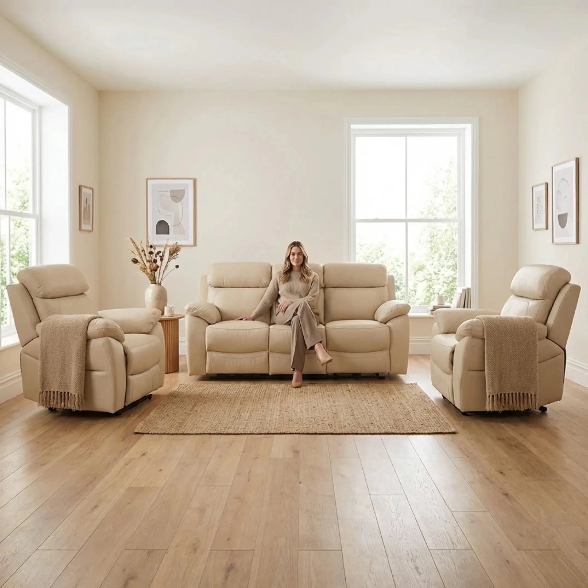Dandrea Genuine Leather Cream Electric Power Recliner 3+1+1 Seater Sofa Set - Furniture Instore