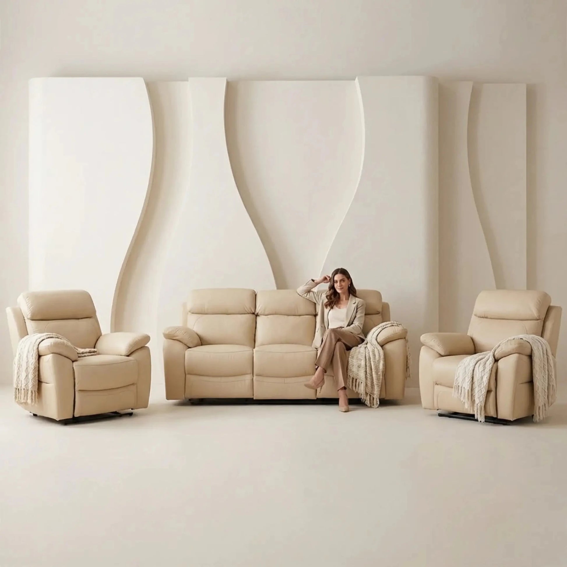 Dandrea Genuine Leather Cream Electric Power Recliner 3+1+1 Seater Sofa Set - Furniture Instore