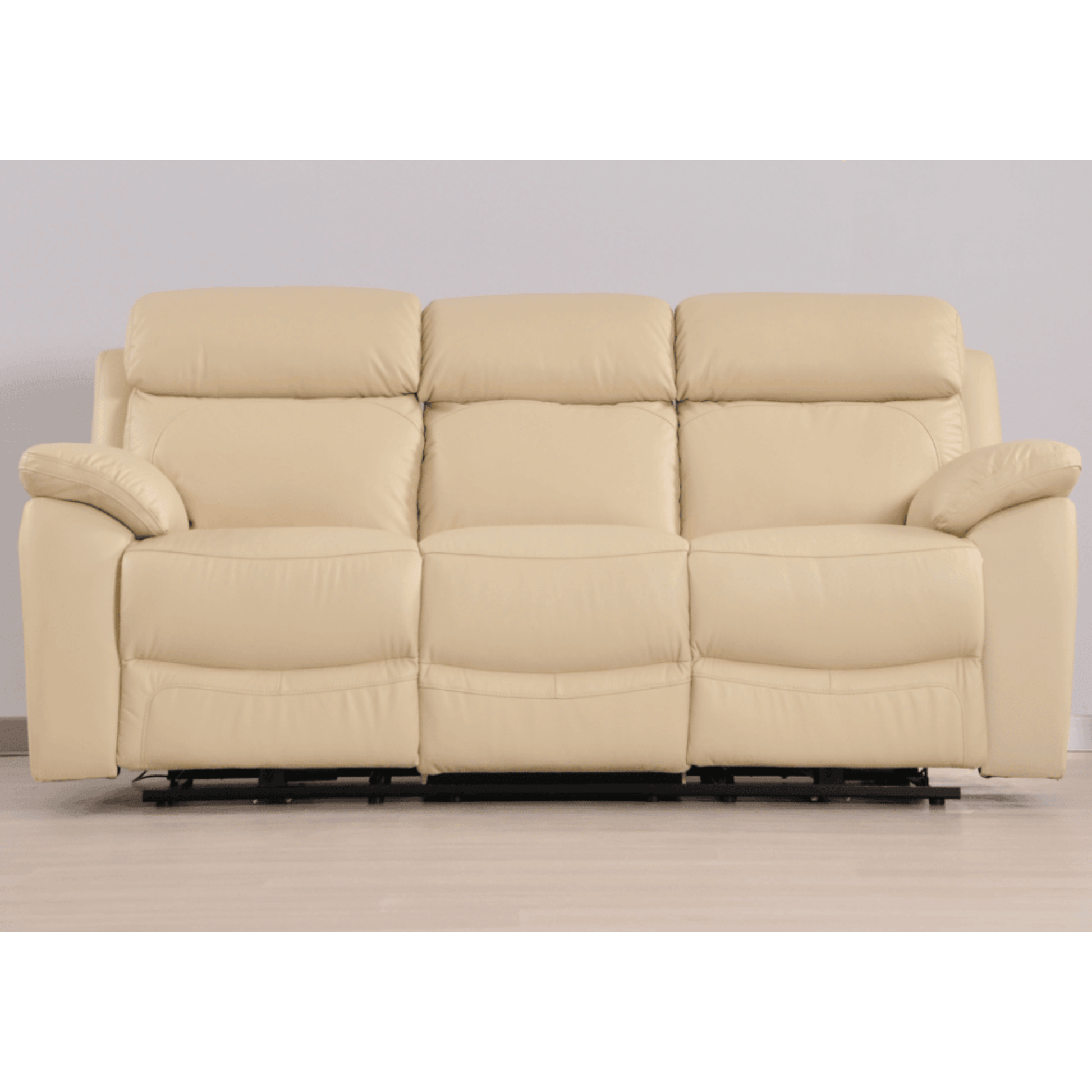 Beige leather sofa with reclining feature on a plain background