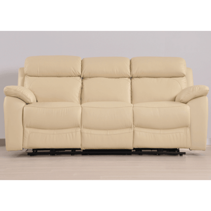 Beige leather sofa with reclining feature on a plain background