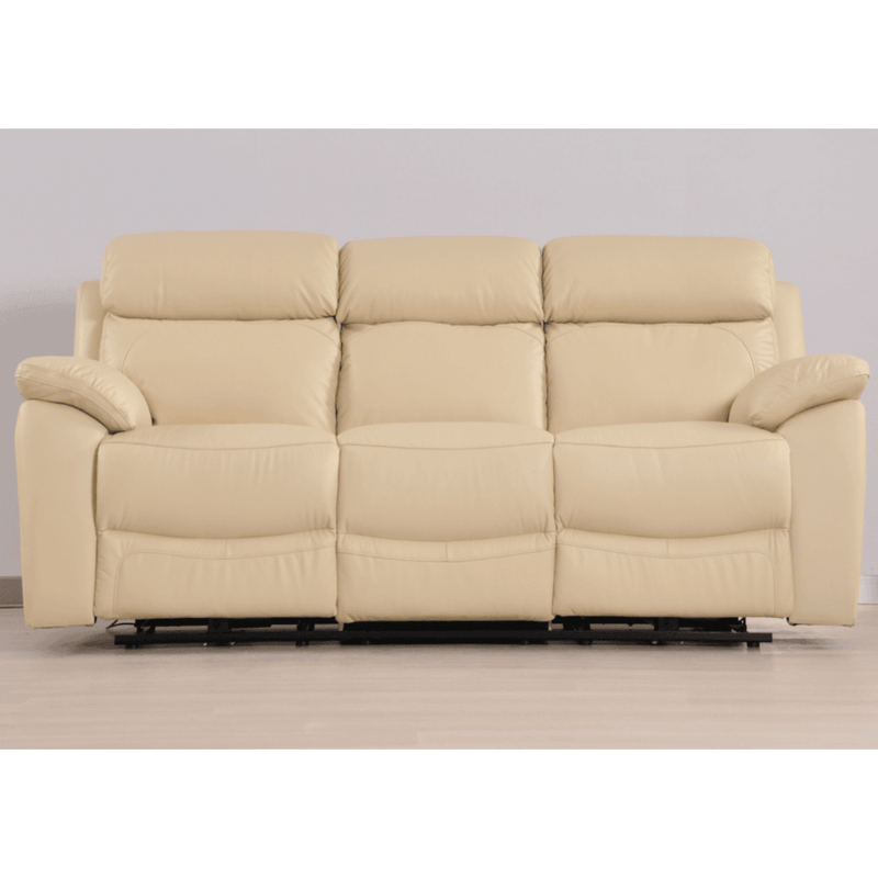 Beige leather sofa with reclining feature on a plain background