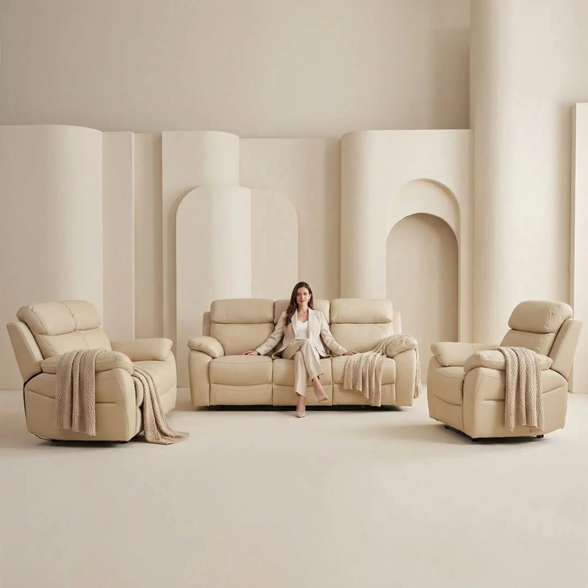 Dandrea Genuine Leather Cream Electric Power Recliner 3+2+1 Seater Sofa Set - Furniture Instore