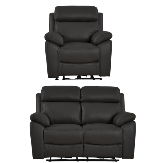 Black leather recliner chair and loveseat set on a white background
