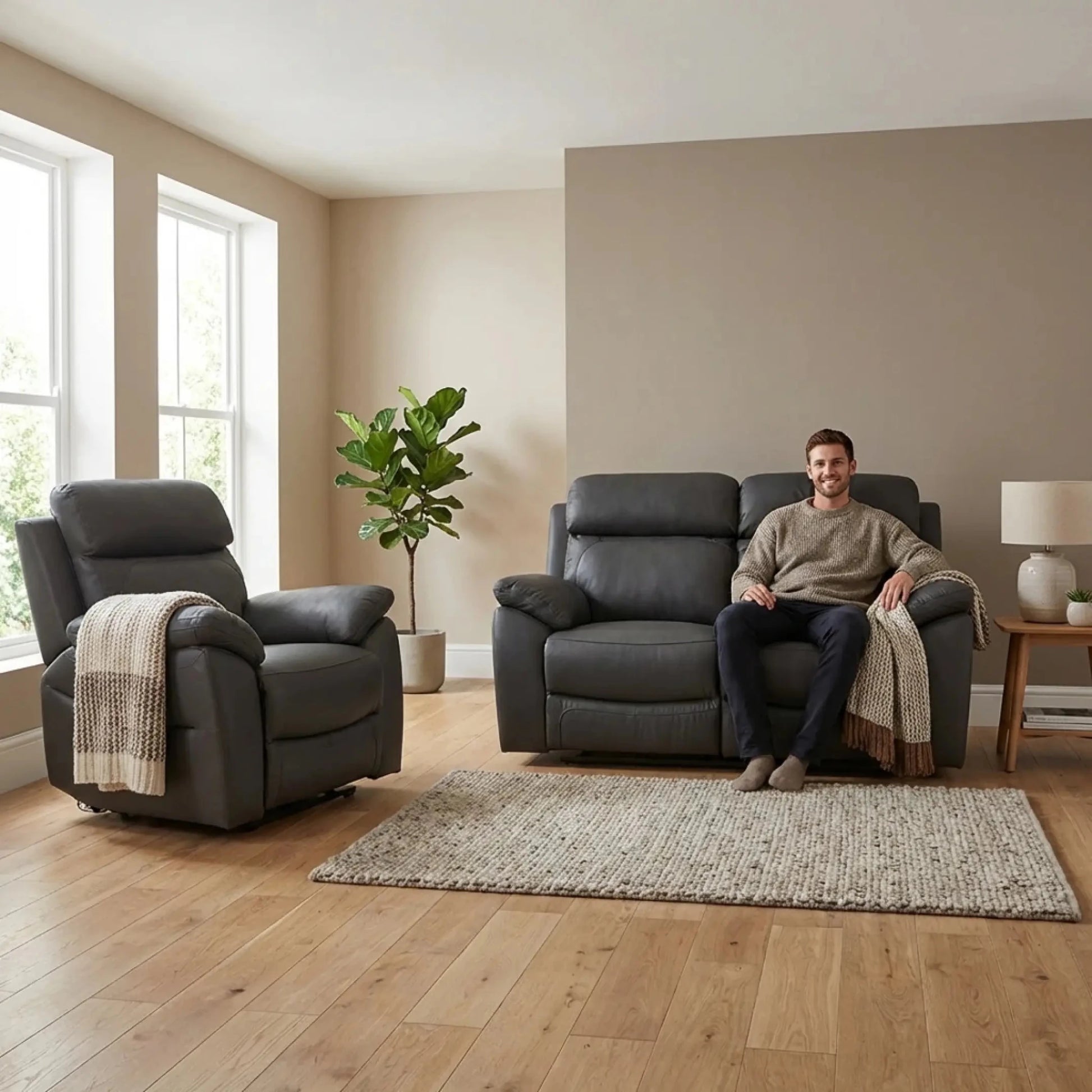 Dandrea Genuine Leather Grey Electric Power Recliner 2+1 Seater Sofa Set - Furniture Instore