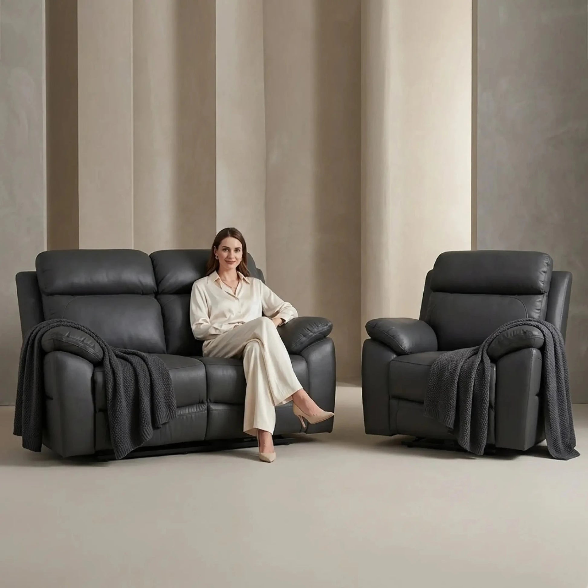 Dandrea Genuine Leather Grey Electric Power Recliner 2+1 Seater Sofa Set - Furniture Instore
