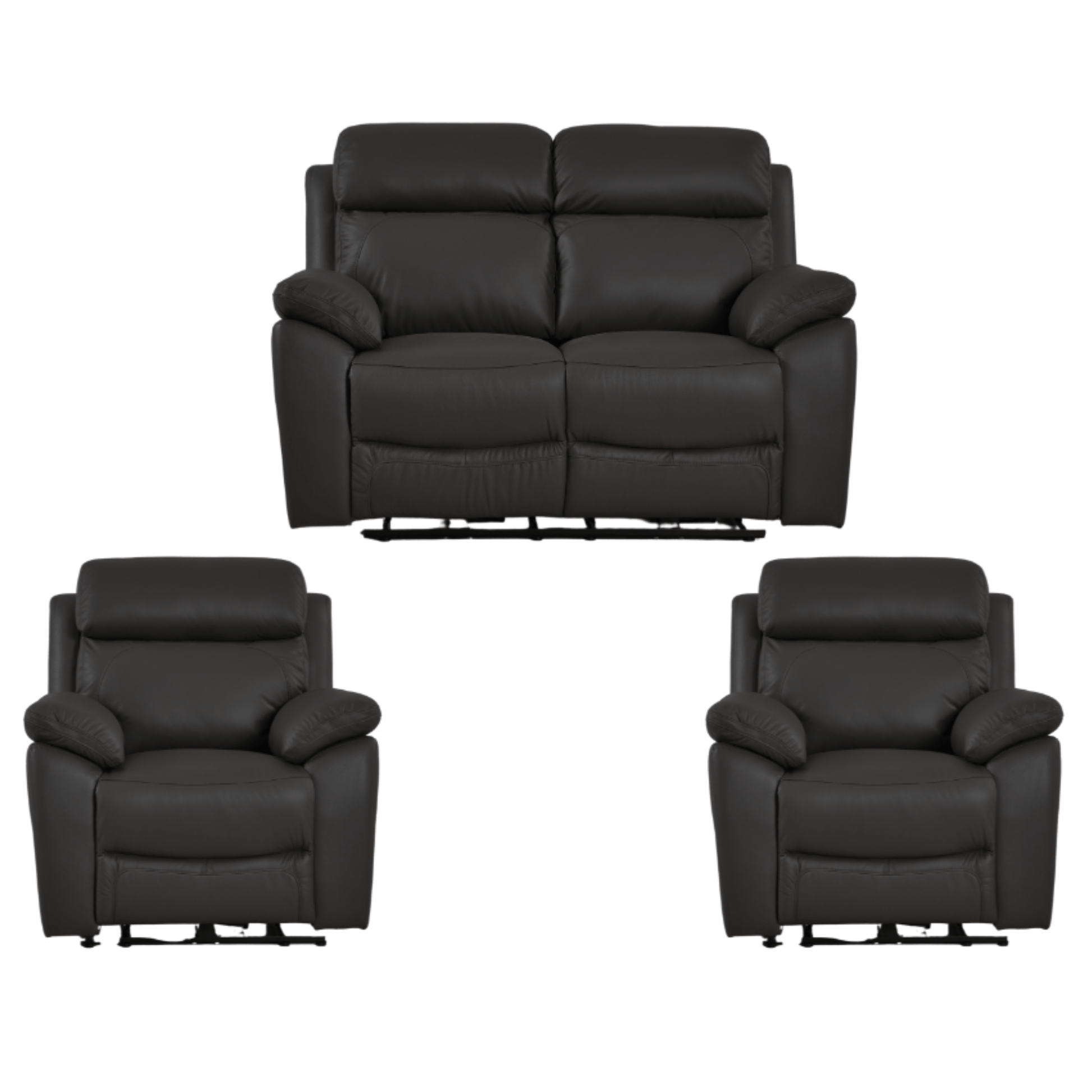 Black leather sofa set with two recliner chairs on a white background