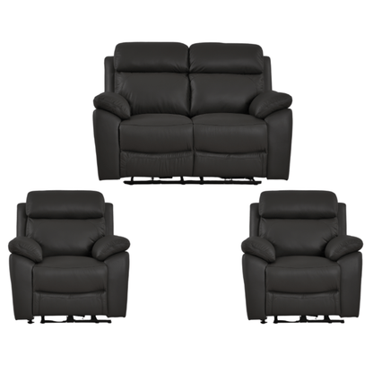 Black leather sofa set with two recliner chairs on a white background