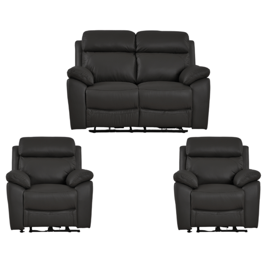 Black leather sofa set with two recliner chairs on a white background