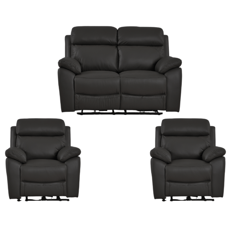 Black leather sofa set with two recliner chairs on a white background