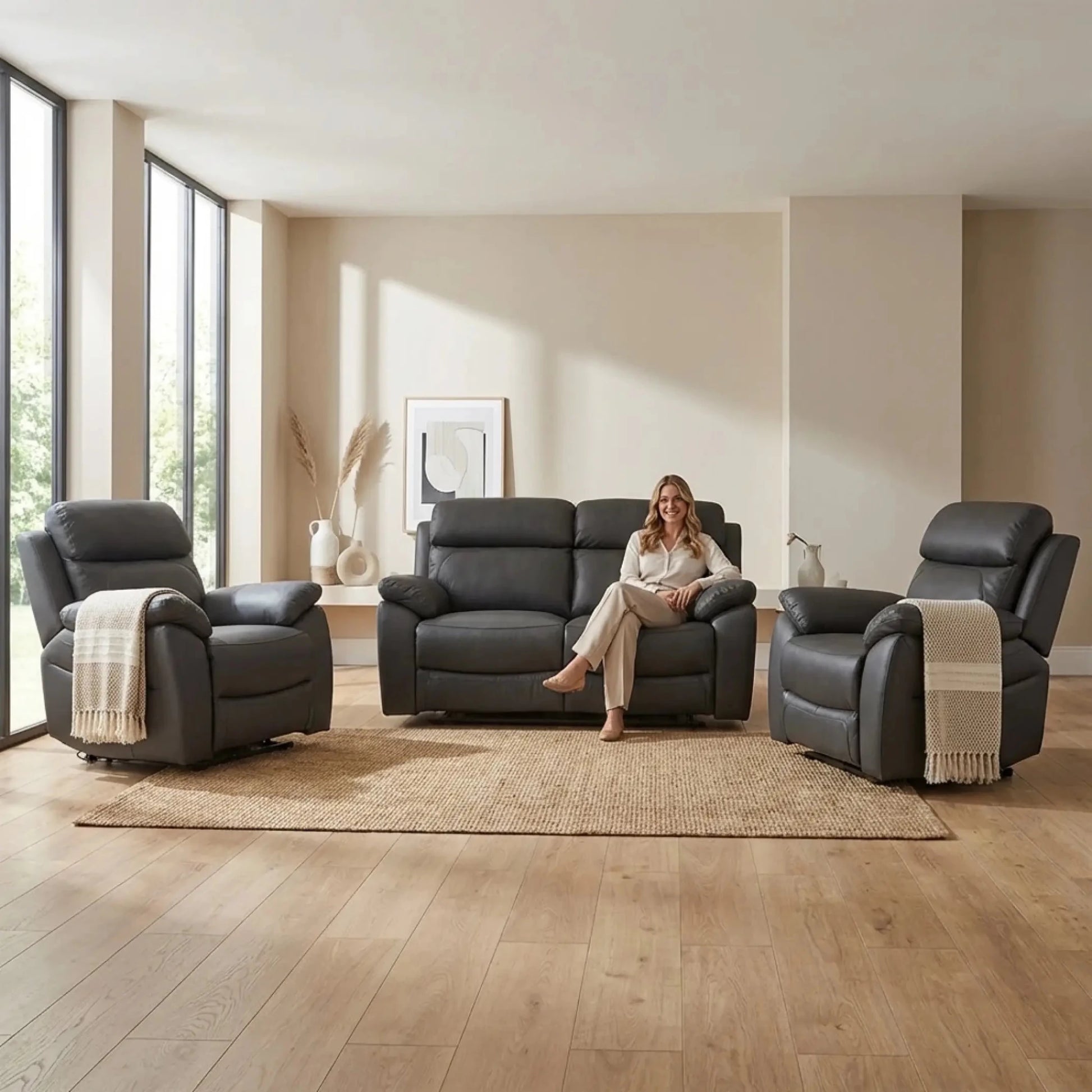 Dandrea Genuine Leather Grey Electric Power Recliner 2+1+1 Seater Sofa Set - Furniture Instore