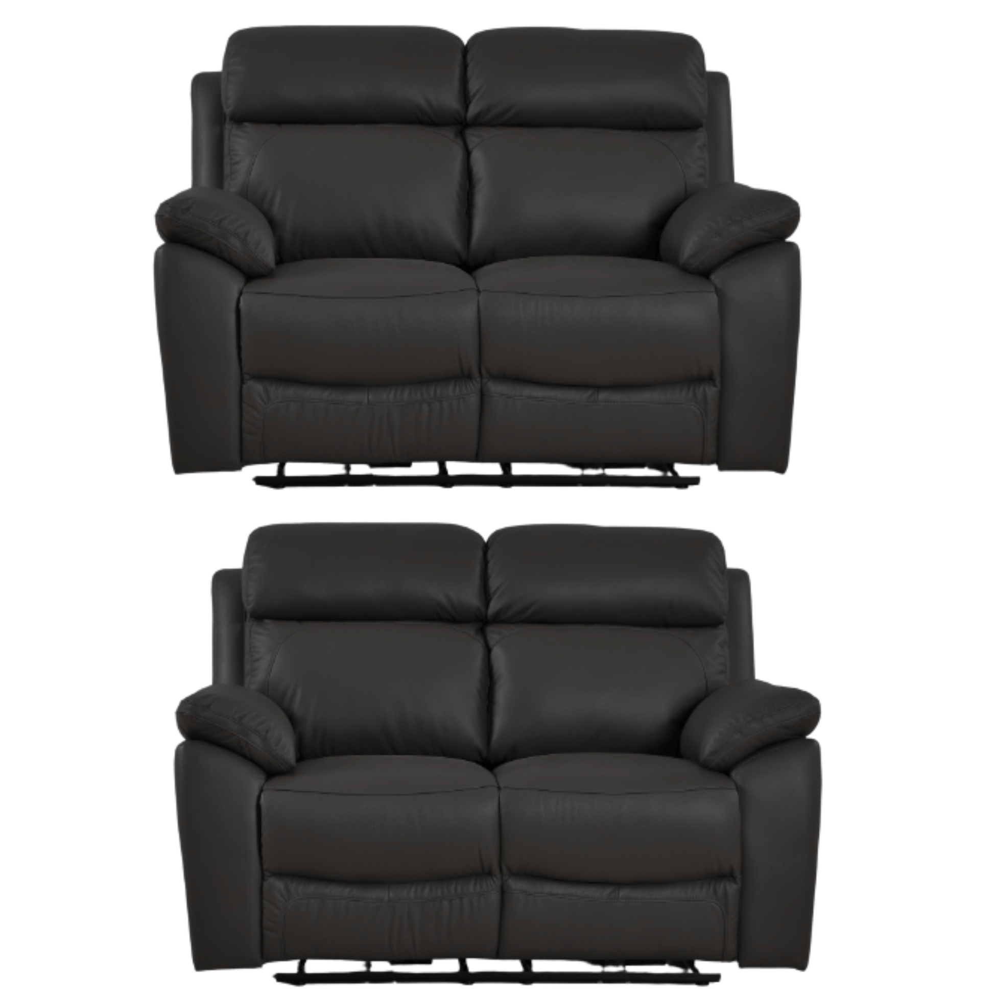 Two black leather recliner sofas on a white background