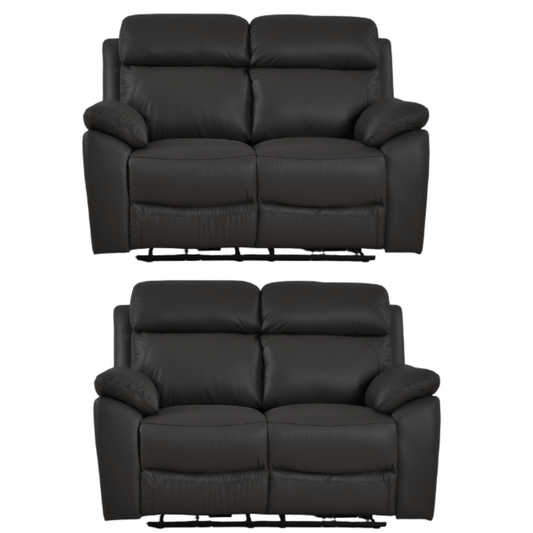 Two black leather recliner sofas on a white background