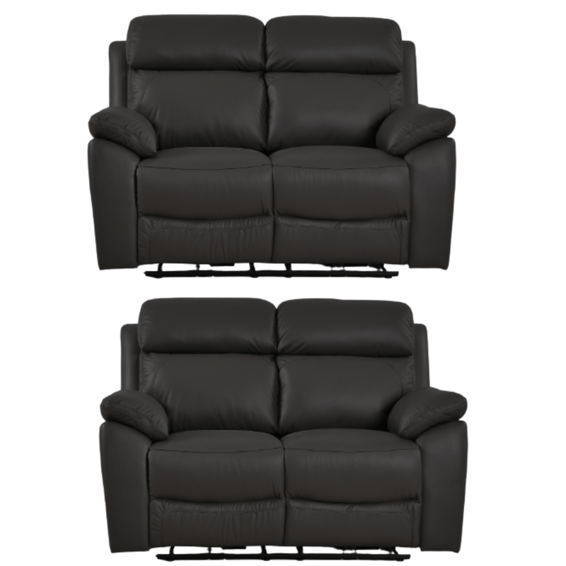 Two black leather recliner sofas on a white background
