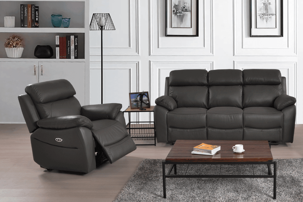 Dandrea Genuine Leather Grey Electric Power Recliner 3+1 Seater Sofa Set