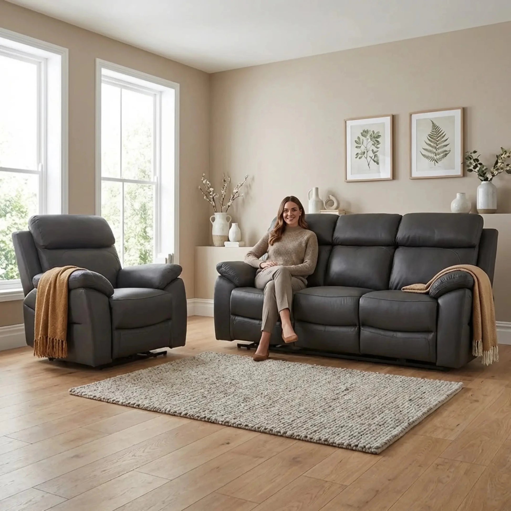 Dandrea Genuine Leather Grey Electric Power Recliner 3+1 Seater Sofa Set - Furniture Instore