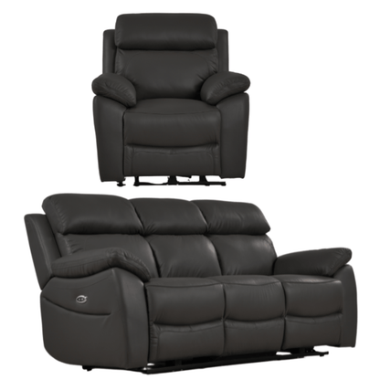 Black leather recliner chair and loveseat set on a white background