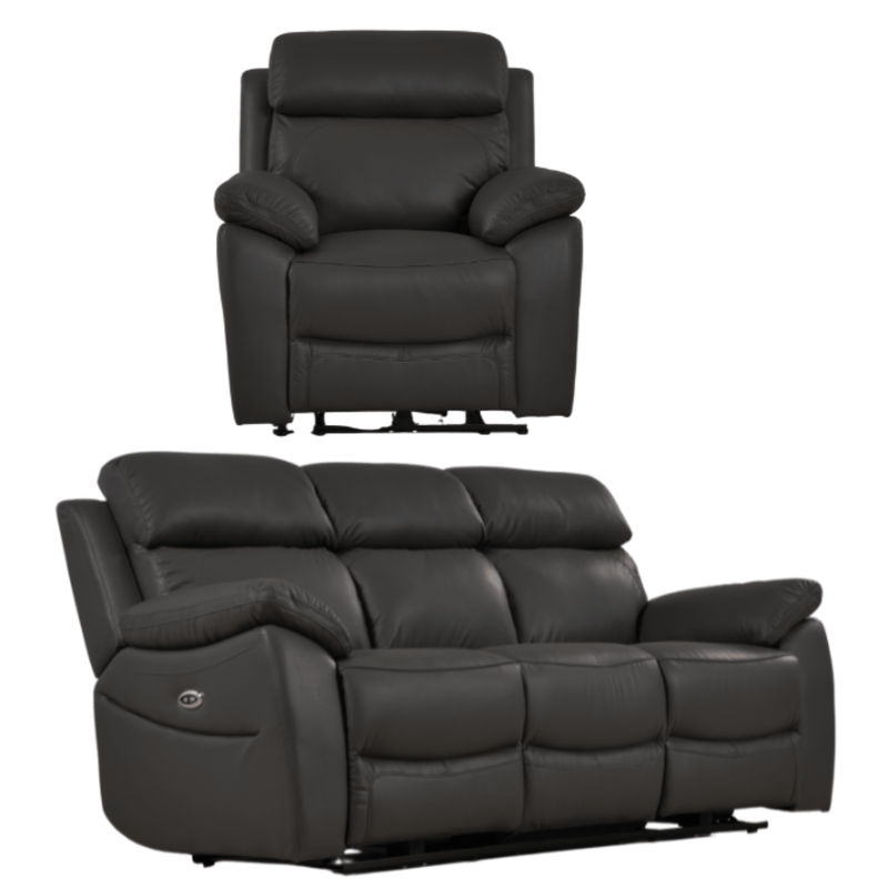 Black leather recliner chair and loveseat set on a white background
