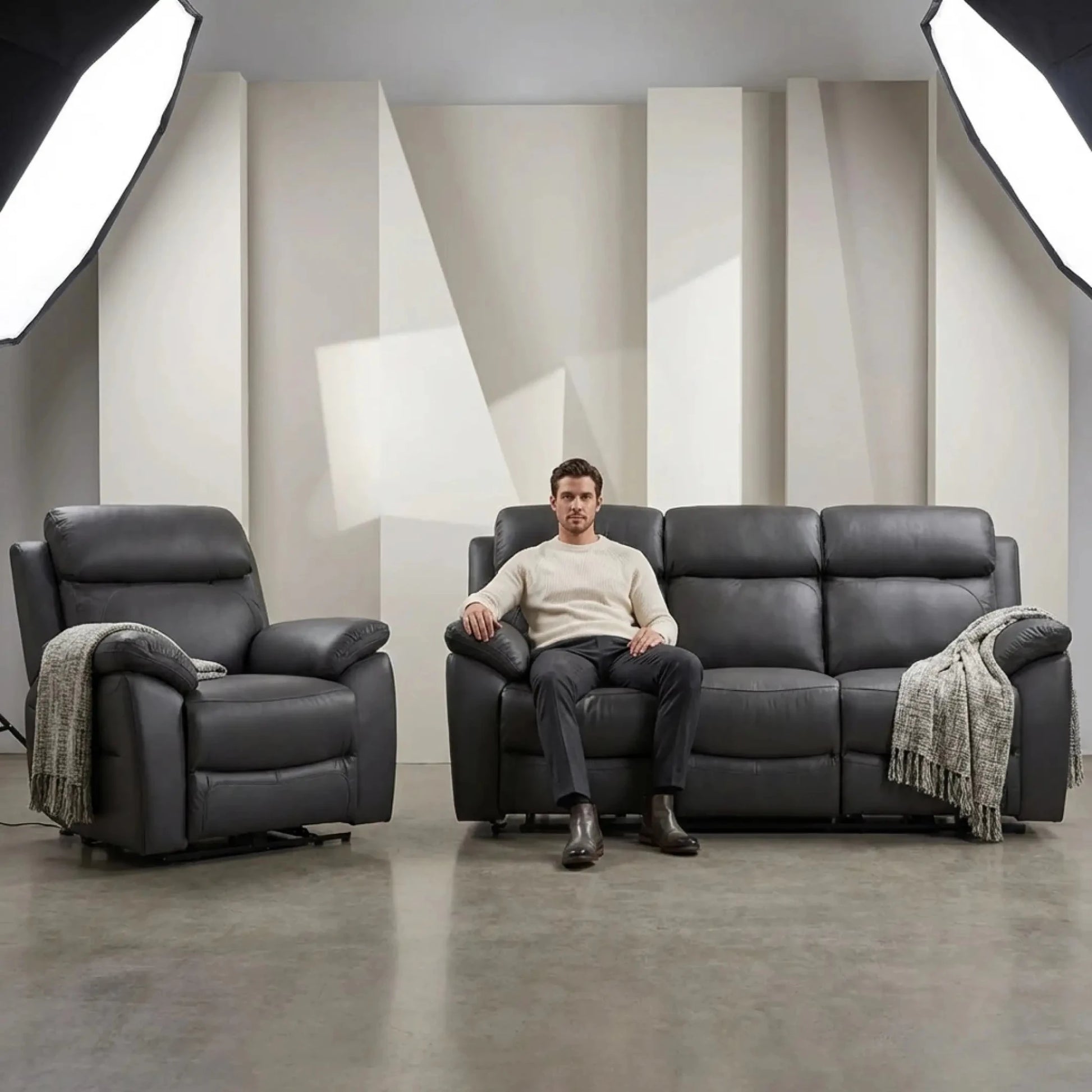 Dandrea Genuine Leather Grey Electric Power Recliner 3+1 Seater Sofa Set - Furniture Instore