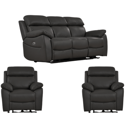 Black leather recliner sofa set with two matching armchairs on a white background