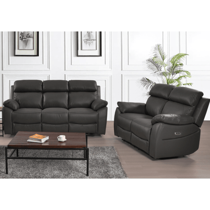 Black leather sofa set with a coffee table in a room with white walls and a plant.