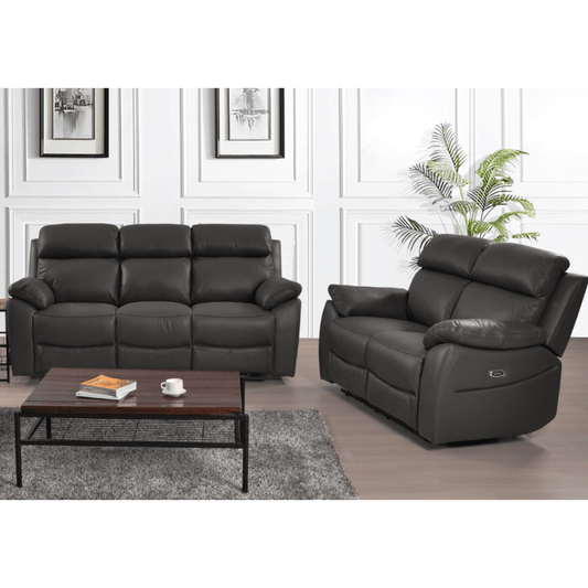 Black leather sofa set with a coffee table in a room with white walls and a plant.