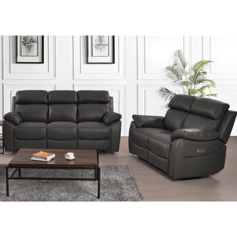 Black leather sofa set with a coffee table in a room with white walls and a plant.