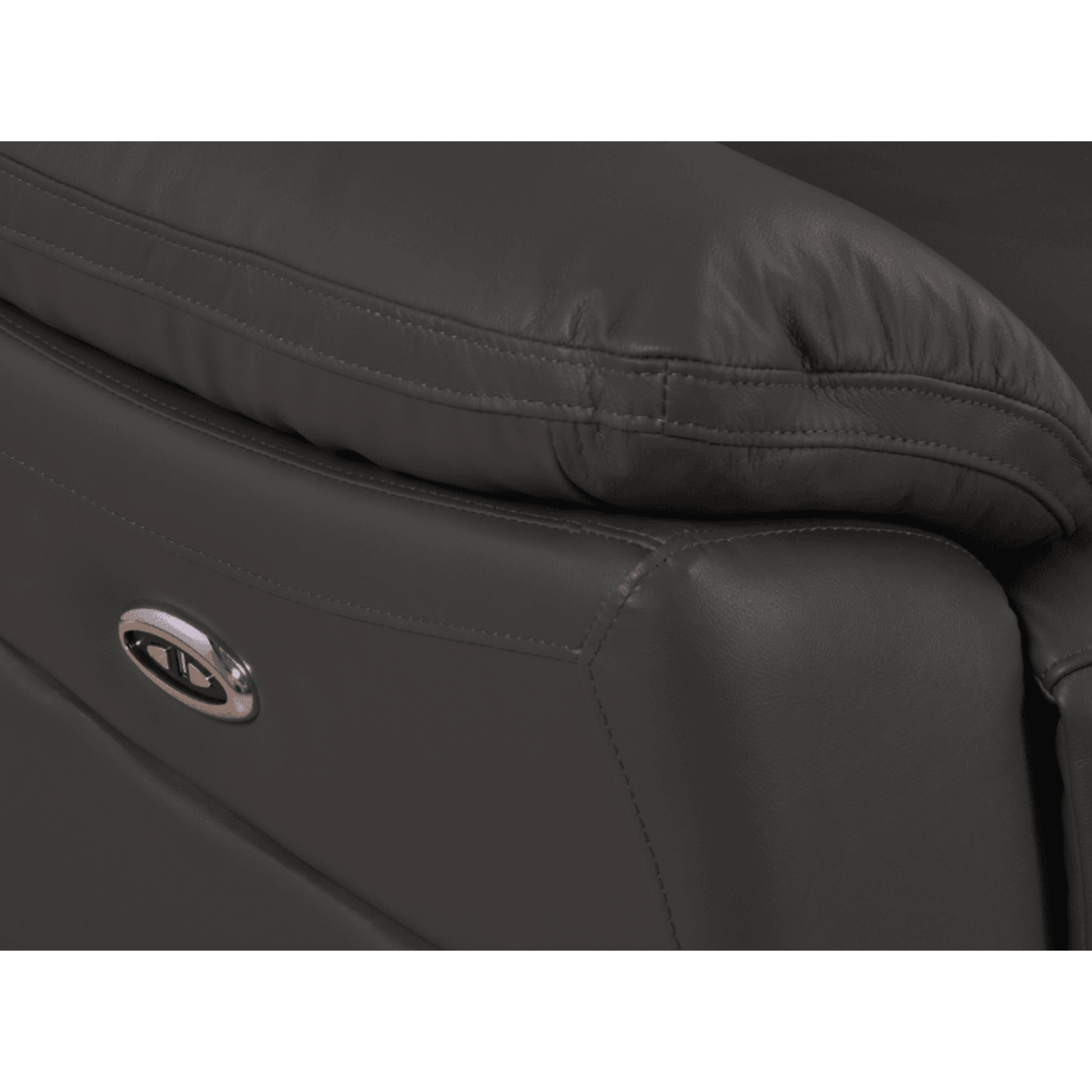 Close-up of a black leather seat with a visible brand logo on a white background