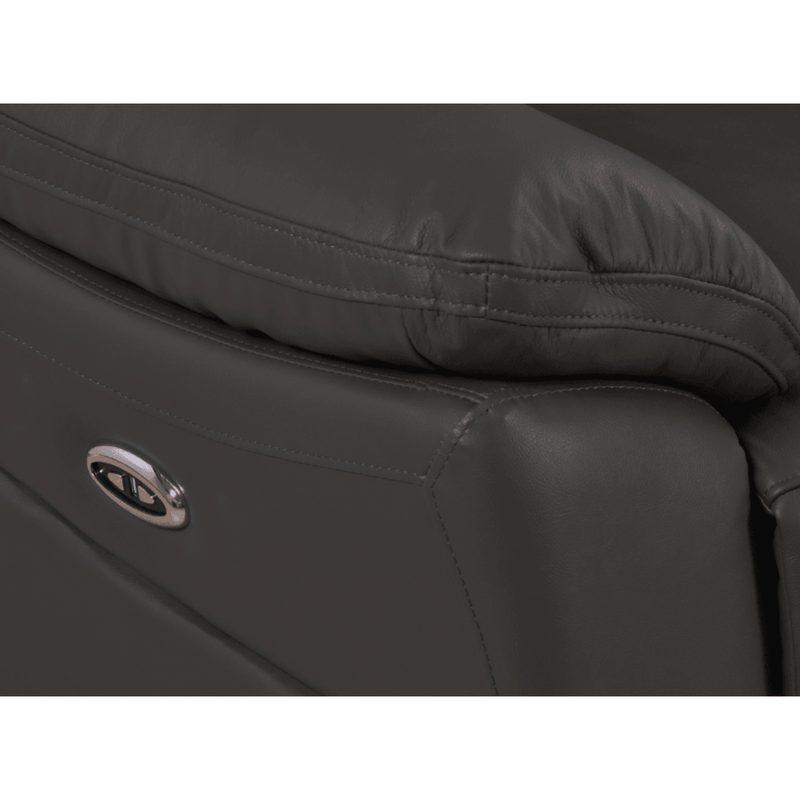 Close-up of a black leather seat with a visible brand logo on a white background