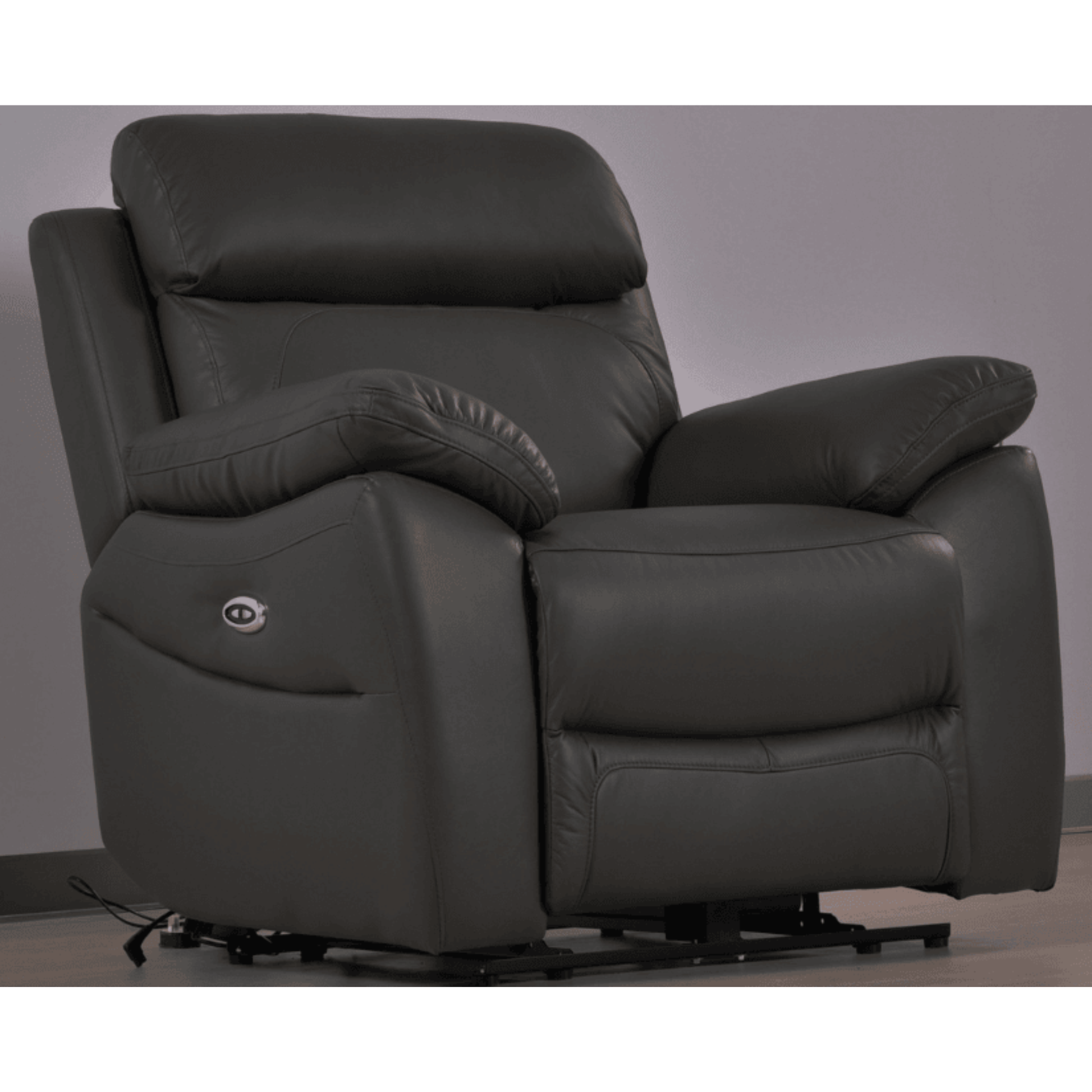 Gray recliner chair with power functions on a neutral background