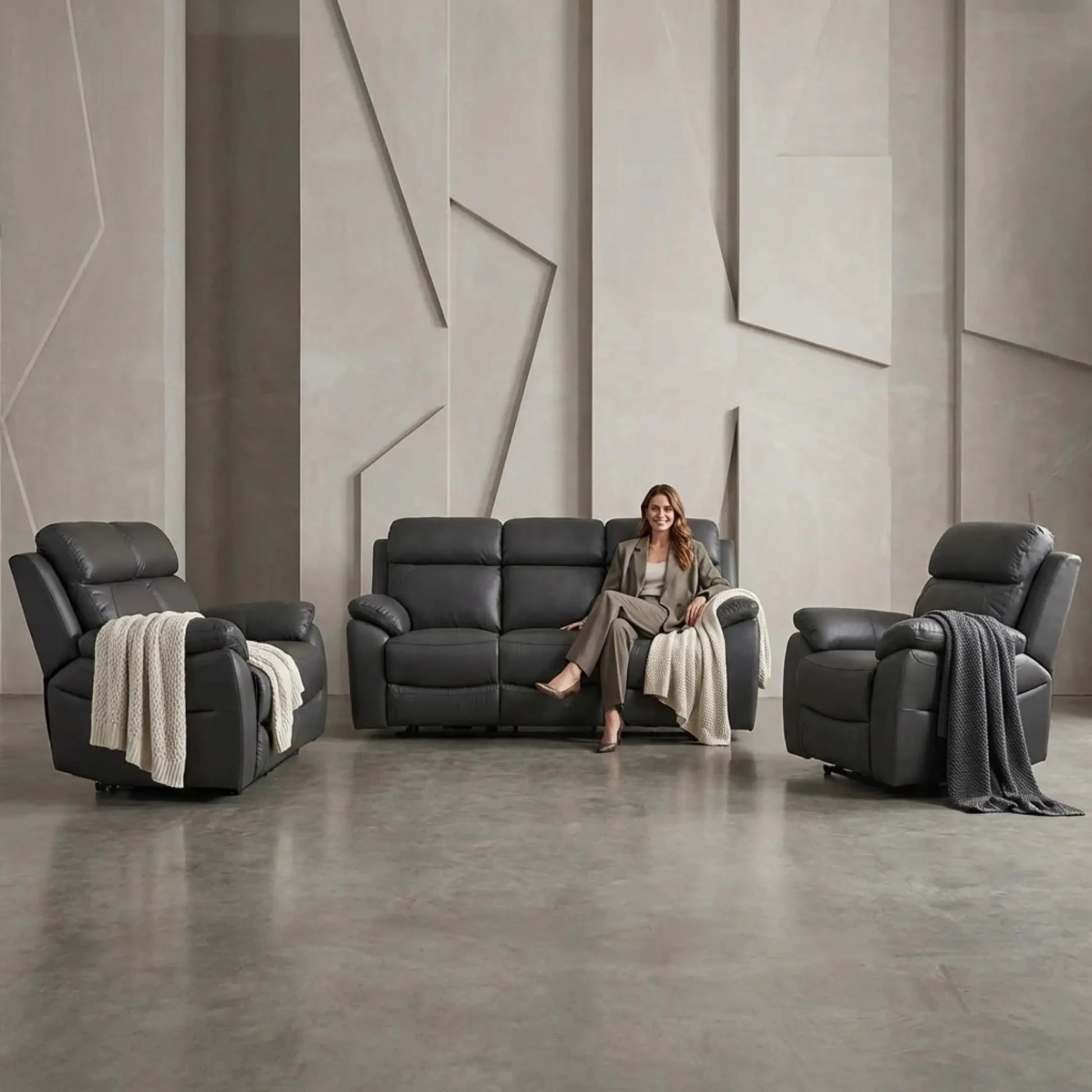 Dandrea Genuine Leather Grey Electric Power Recliner 3+2+1 Seater Sofa Set - Furniture Instore