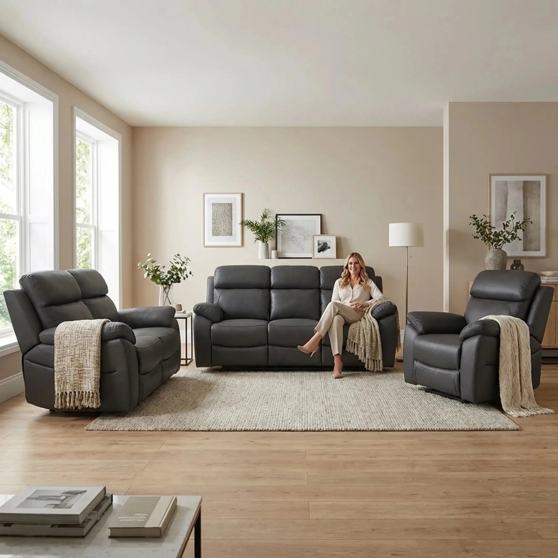 Dandrea Genuine Leather Grey Electric Power Recliner 3+2+1 Seater Sofa Set - Furniture Instore