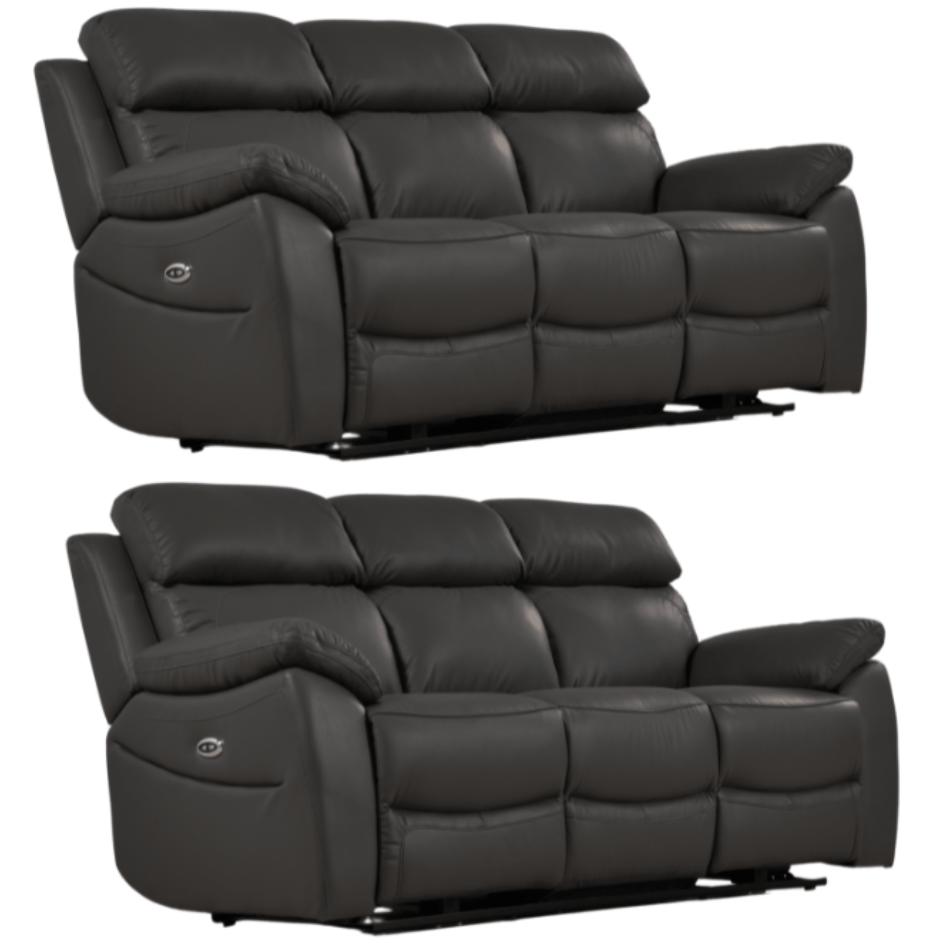 Two black leather recliner sofas on a white background