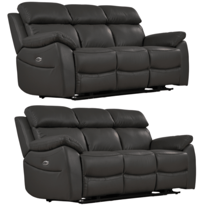 Two black leather recliner sofas on a white background